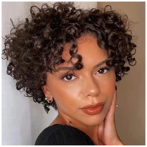 Short Curly Wigs for Black Women Human Hair Afro Natural Curly Wig Brazilian Virgin Pixie Cut Wig Human Hair With Bangs 150 % Density None Lace Front Bob Wigs 1B Color ( Big Curly )