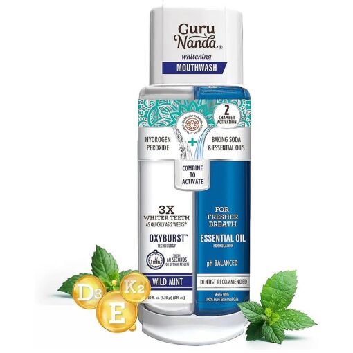 GuruNanda Dual Barrel Oxyburst Whitening Mouthwash - Contains Hydrogen Peroxide to Promote Whiter Teeth - Alcohol & Fluoride Free Rinse with 100 % Natural Essential Oils, Wild Mint Flavor - 20 Fl Oz