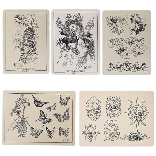 5pcs Tattoo Practice Skin Nontoxic Soft Permanent Makeup Tools For Tattoo Learning Training Summer Stickers ( Tiger, Skull, Flower, Lotus, Dragon Tattoos )