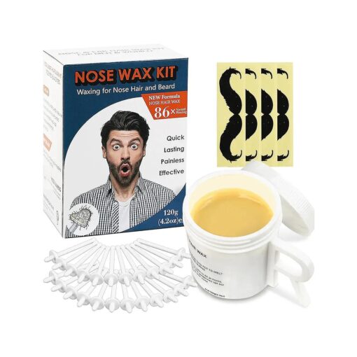 Nose Wax Kit, Best Value 120g Nose Hair Waxing Kit for Men With 42 Nose Wax Sticks, Hypoallergenic Home Waxing Kit for Women Men 21 Post Waxing Balm Wipes, 21 Mustache Guards, Nose and Ear Wax Kit Men