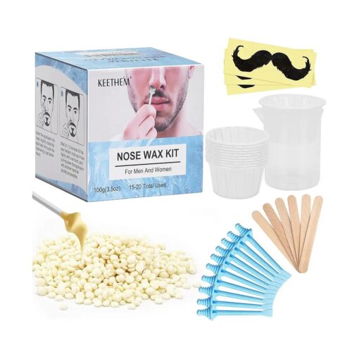 Nose Wax Kit for Men and Women - Instant Hair Removal, 100g Hard Wax, 20 Applicators, 10 Mustache Guards, and 10 Paper Cups - Painless, Safe, 20 times usage count - Blue Applicators