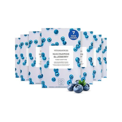 Vitamasques Niacinamide Blueberry Face Sheet Mask 7 Pack - Pore Purifying Korean Face Mask Improves Uneven Skin Tone & Reduces Blemishes - Natural Mothers Day Gifts for Mom, Gift for Wife