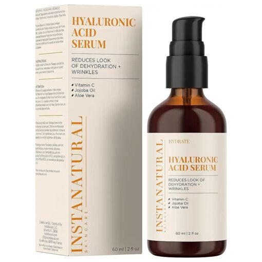 InstaNatural Hyaluronic Acid Face Serum, Brightens, Hydrates, Reduces the Look of Fine Lines and Wrinkles, with Vitamin C, Jojoba Oil, and Aloe Vera, 2 Fl Oz