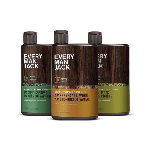 Every Man Jack Hydrating Mens Body Wash - Cleanse, Nourish, and Hydrate Skin with Naturally Derived Ingredients - Paraben Free - Amber + Sandalwood, Pacific Cypress and Coastal Moss - 3pk