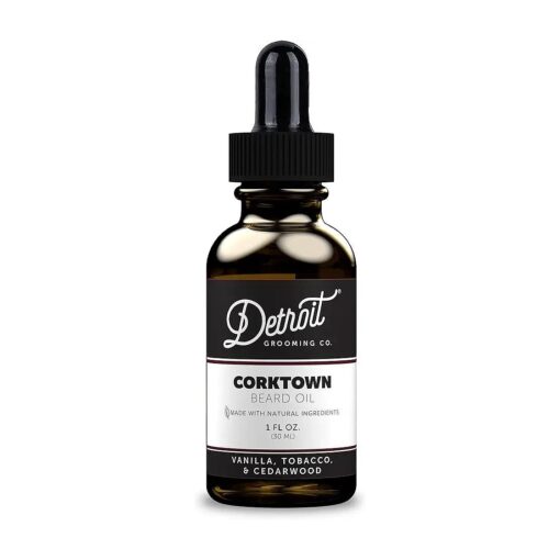 Detroit Grooming Co.Natural Beard Oil for Men-Nourishing & Organic Beard Moisturizer w/Sweet Almond Oil & Vitamin E-Softens, Boosts Growth-Vanilla, Tobacco & Cedarwood Scent - Corktown-1oz