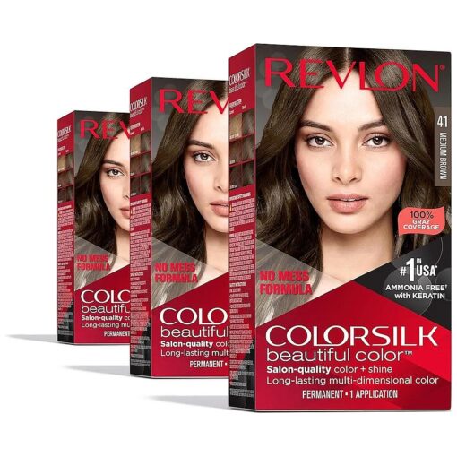 ColorSilk Beautiful Color Permanent Hair Color, Long-Lasting High-Definition Color, Shine & Silky Softness with 100 % Gray Coverage, Ammonia Free, 41 Medium Brown, 3 Pack