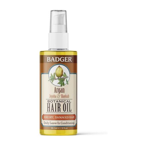 Badger - Argan Hair Oil w/Jojoba & Baobab, Moroccan Argan Oil Treatment for Dry Damaged or Frizzy Hair, Leave-In Conditioner, Organic Strengthening Moisturizer, 2 fl oz