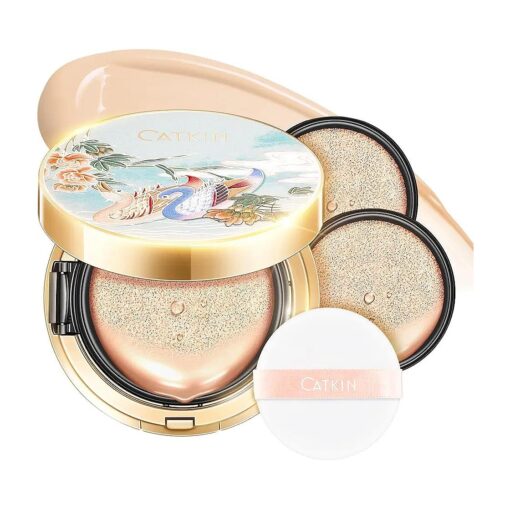 Catkin Blossom BB Cream Air Cushion Foundation Natural Coverage Moist Glowy Finish Breathable Face Makeup with 2 Refills Beige ( C02 Medium Beige )