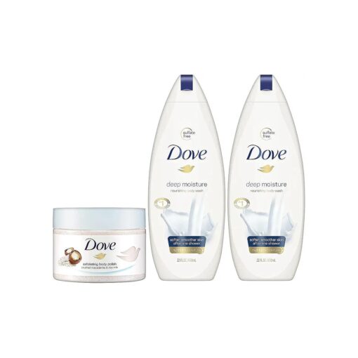 Dove Body Wash and Body Polish, Exfoliate and Deep Moisture, 3 Piece Set