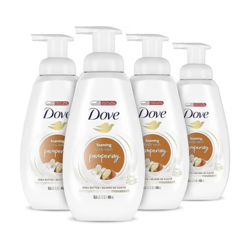 Dove Instant Foaming Body Wash Shea Butter with Warm Vanilla Pack of 4 with NutriumMoisture Technology Effectively Washes Away Bacteria While Nourishing Your Skin 13.5 oz