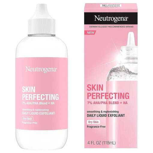 Neutrogena Skin Perfecting Daily Liquid Facial Exfoliant with 7 % AHA/PHA Blend + HA to Smooth, Exfoliate & Replenish Dry Skin, Leave-On Face Exfoliator, Oil- & Fragrance-Free, 4 fl, oz