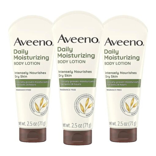 Aveeno Daily Moisturizing Body Lotion, Gentle Lotion Nourishes Dry Skin With Moisture, Soothing Prebiotic Oat, Fragrance-Free, Non-Comedogenic, Travel-Size, Pack of Three, 3 x 2.5 fl, Oz