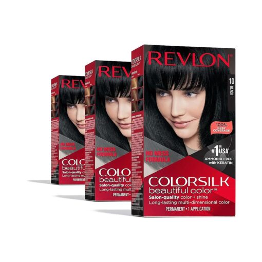 ColorSilk Beautiful Color Permanent Hair Color, Long-Lasting High-Definition Color, Shine & Silky Softness with 100 % Gray Coverage, Ammonia Free, 10 Black, 3 Pack