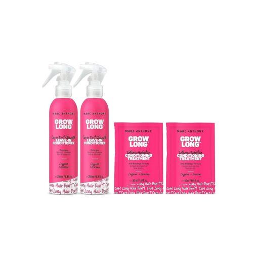 Marc Anthony Grow Long Hair Treatment Bundle - 2 Leave In Conditioner Sprays & 2 Travel Hair Mask - Anti-Frizz, Anti-Breakage & Nourishing Formula For Split Ends, & Hair Growth for Dry & Damaged Hair