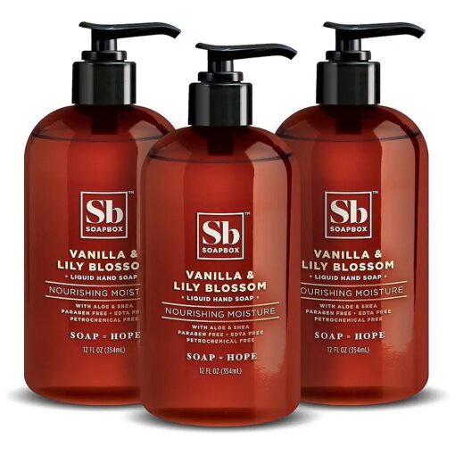 Soapbox Liquid Hand Soap, Vanilla & Lily Blossom - Gentle, Moisturizing Hand Cleanser, Vegan, Cruelty Free Hand Soap for Bathroom and Kitchen, 12oz Pump Bottles ( Pack of 3 )