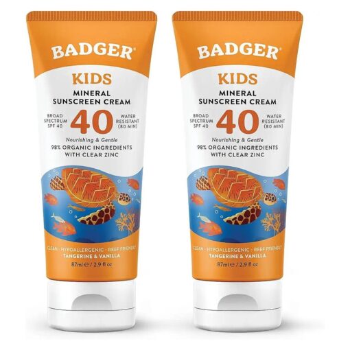 Badger Kids Sunscreen Cream SPF 40, Organic Mineral Sunscreen Kids Face & Body with Zinc Oxide, Reef Friendly, Broad Spectrum, Water Resistant, 2.9 fl oz ( 2 Pack )