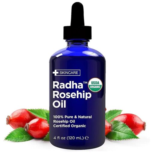 Radha Beauty 4 oz Organic Rosehip Seed Oil 100 % Pure Cold Pressed - Great Carrier Oil for Moisturizing Face, Hair, Skin, & Nails, Hydrating and Nourishing