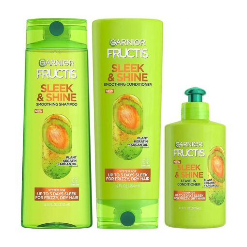 Garnier Fructis Sleek & Shine Shampoo, Conditioner + Leave-In Conditioer Set for Frizzy, Dry Hair, Plant Keratin + Argan Oil ( 3 Items ), 1 Kit ( Packaging May Vary )