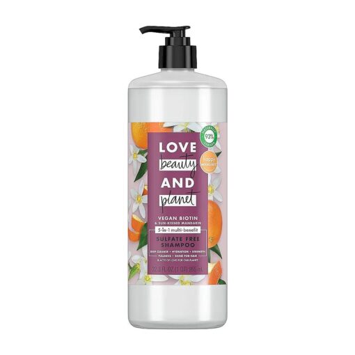 Love Beauty and Planet Sulfate-Free Shampoo Vegan Biotin & Sun-Kissed Mandarin Deep Cleanse, Hydrate, Strengthen, Volumize & Shine 5-in-1 Multi-Benefit Nourishing Shampoo 32 oz