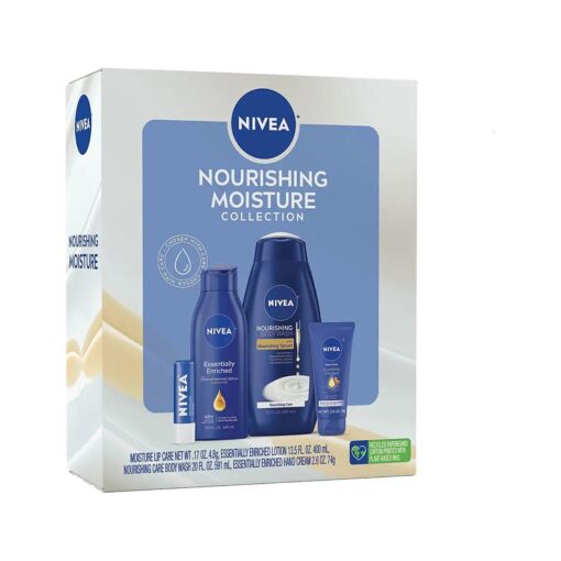 NIVEA Skin Care Set For Her, Nourishing Body Wash, Moisturizing Body Lotion, Lip Balm Stick with Shea Butter, & Multi Purpose Face, Body & Foot Cream, 4 Piece Gift Set