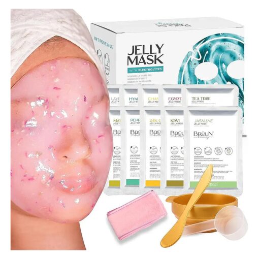 BRUUN Peel-Off Jelly Mask Hydrating Premium Modeling Rubber Mask Spa Set - 10 Treatments ( 24k Gold, Lavender, Kiwi, Peppermint, Egyptian Rose, Matcha, Chamomile, Tea tree, Jazmine )