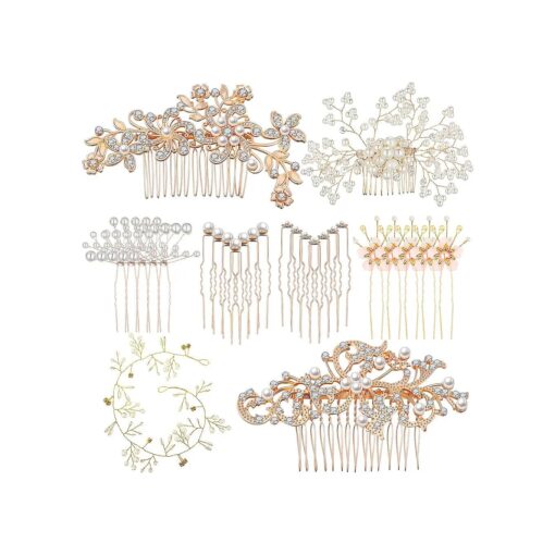 64 Pieces Wedding Hair Comb Set, Include 20 Flower Rhinestone Hair Sticks, 20 Pearl Hair Pins, 3 Crystal Pearl Combs, Pearl Wedding Hair Vine, 20 U Shaped Pearl Hair Clip ( Novel Style )