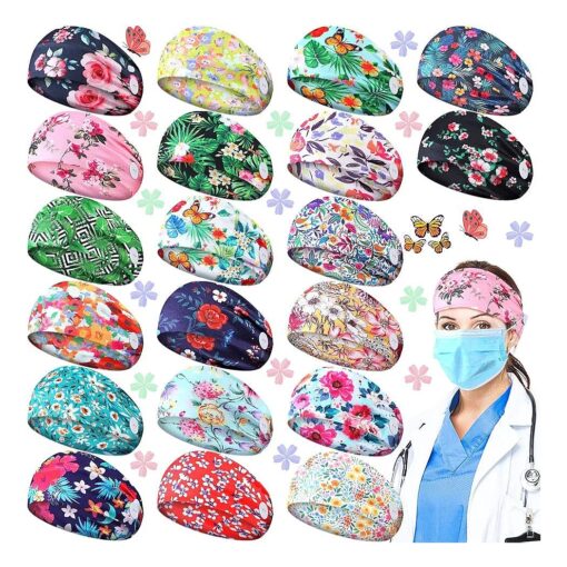 Jexine 20 Pcs Nurse Headbands with Button for Women Nursing Headbands for Nurses Doctors Nursing Accessories Mask Headbands Non Slip Hair Bands for Ear Protection Men Girls Workout Yoga ( Floral )