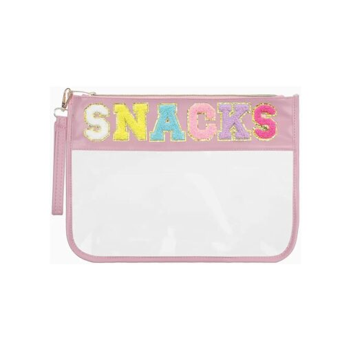 Clear Zipper Pouch for Travel Snacks Bag Nylon Clear Cosmetic Bag Makeup Travel Bag for Women with Glitter Patch Letters ( Pink-Snacks )