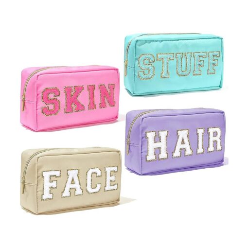 4Pcs Nylon Preppy Makeup Bag Chenille Letter Cosmetic Bag Pouch Zipper Preppy Travel Organization Waterproof Hair Bag with Patches Toiletry Bag Bluk for Women ( SKIN STUFF HAIR FACE )