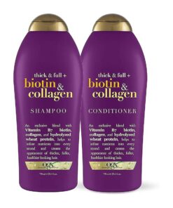 OGX Thick & Full + Biotin & Collagen Extra Strength Volumizing Shampoo + Conditioner with Vitamin B7 & Hydrolyzed Wheat Protein for Fine Hair, 25.4 oz Pack of 2