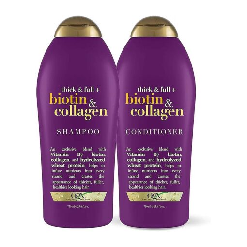 OGX Thick & Full + Biotin & Collagen Extra Strength Volumizing Shampoo + Conditioner with Vitamin B7 & Hydrolyzed Wheat Protein for Fine Hair, 25.4 oz Pack of 2