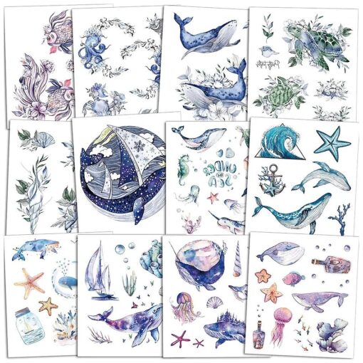 Konsait 120pcs Ocean Animals Temporary Tattoos for Kids, Fake Sea Animal Tropical Ocean Fish Shark Dolphin Waterproof Tattoo Stickers Baby Shower Girls/Boys Birthday Party Favor Decoration Supplies