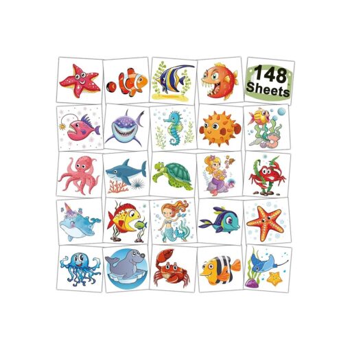 CHARLENT 148 PCS Ocean Animals Temporary Tattoos for Kids - Sea Creature Individual Tattoos for Boys Girls Ocean Birthday Party Favors Goodie Bag Fillers