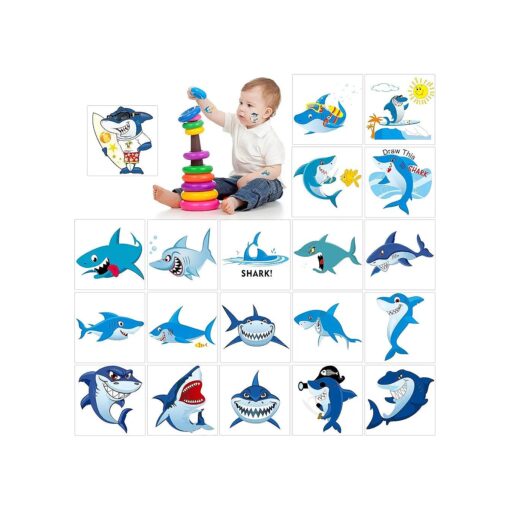 Shark Temporary Tattoos ( 100pcs ), Konsait Shark Tattoo Body Stickers Costume Accessories for Ocean Sea Shark Themed Baby Shower Birthday Party Favor Supplies Decor for Boy Girls Kids Party Bag Filler