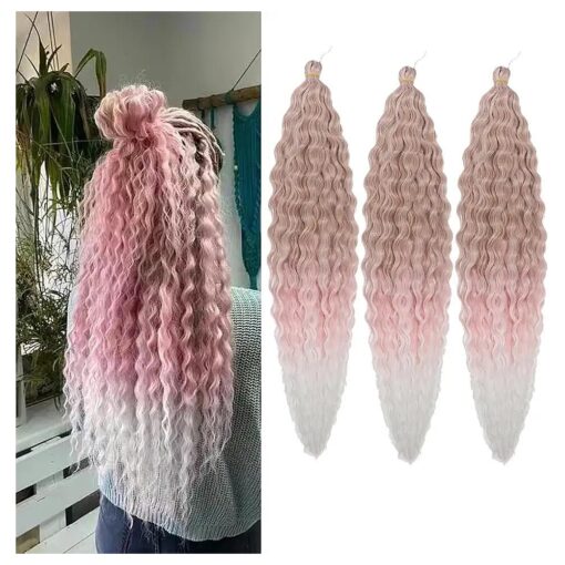 Ocean Wave Crochet Hair 30 Inch 3 Packs Deep Wave Braiding Hair Deep Curly Twist Crochet Hair For Black Women Synthetic Wavy Braiding Hair Extensions ( AC-30Inch, Blond/Pink/Beige )