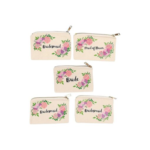 Juvale Bridal Shower Makeup Bag - 5-Pack Canvas Cosmetic Pouches for Wedding Favors, Bachelorette Party Gifts Accessories, Vintage Floral Design, 7.2 x 4.7 Inches