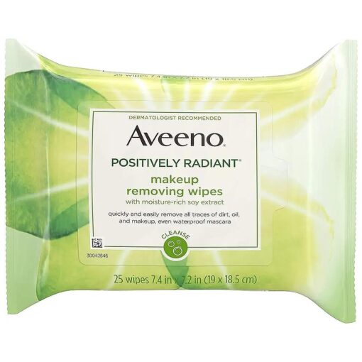 Aveeno Positively Radiant Oil-Free Makeup Removing Wipes to Help Even Skin Tone and Texture with Moisture-Rich Soy Extract, 25 ct .