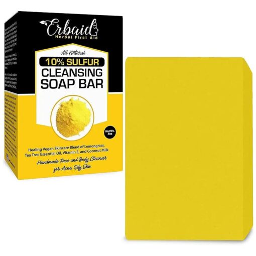 10 % Sulfur Soap Cleansing Bar for Face & Body - All Natural Sulfur Facial Cleanser for Acne, Oily Skin - Skincare Blend of Lemongrass, Tea Tree Essential Oil, Vitamin E, Coconut Milk - Sulfur Soap Bar Made in USA ( 4 Ounce ( Pack of 1 ) )