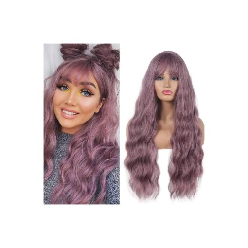 QACCF Long Purple Wig Women Long Wavy Fluffy Curly Heat Resistant Full Bang Girls Wig ( Purple )