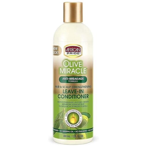 African Pride Olive Miracle Leave-In Conditioner ( 3 Pack ) enriched with olive oil and tea tree to seal in moisture and prevent breakage, 12oz .