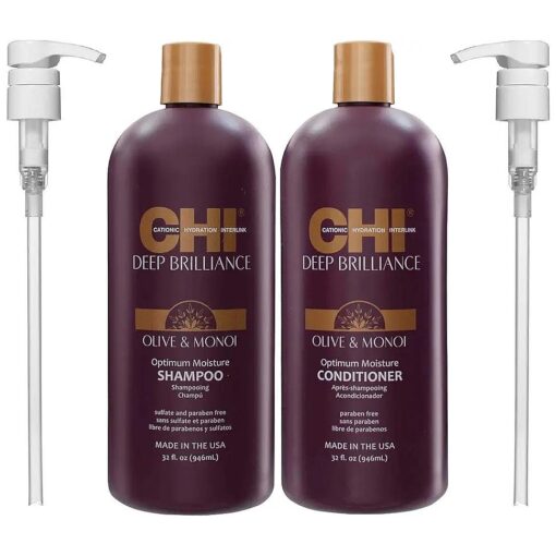 CHI Deep Brilliance Olive & Monoi Optimum Moisture Shampoo & Conditioner with 2 Pumps 32oz Bundle