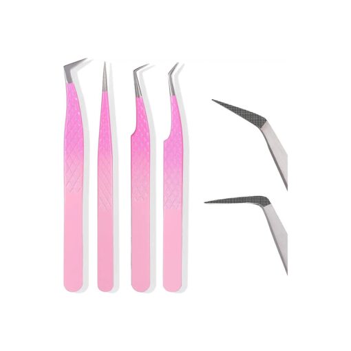 Fiber Tip Lash Tweezers For Eyelash Extension 4 Pcs Tweezers Professional Artist Tech Work Kit Tools, Best Volume Eyelash Lashes Extensions Precision Supplies Volume Boot 90 45 Degree ( Omber pink )