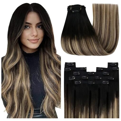 YoungSee Clip in Hair Extensions Black Ombre Clip in Hair Extensions Human Hair Ombre off Black to Dark Brown Mix Caramel Brown Balayage Hair Extensions Clip ins for Women 18Inch 120G 7Pcs