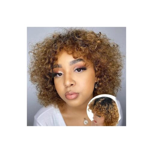 Ombre Short Curly Wig Human Hair Wigs for Black Women Human Hair Glueless # 1B/30 Ombre Blonde Curly wig with bangs Brazilian Virgin Human Hair Wig Machine Made 150 % Density