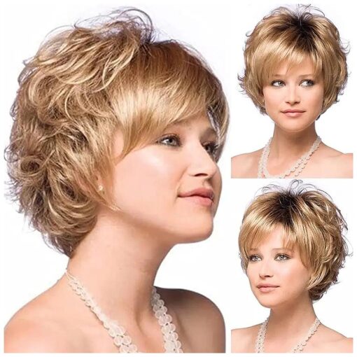 SEVENCOLORS Short Blonde Curly Wigs for White Women Ombre Blonde Pixie Cut Wavy Wigs Natural Synthetic Short Hair Wigs with Bangs