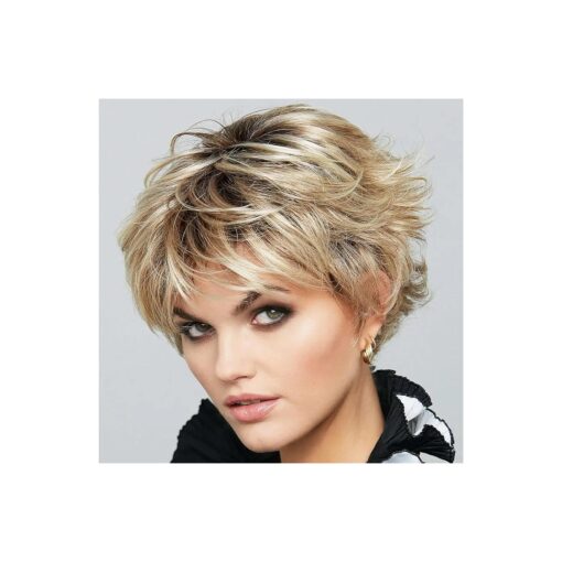 TISHINING Short Ombre Blonde Wigs for White Women Mixed Brown Pixie layered Wig with Bangs Natural Looking Synthetic Hair Replacement Wig