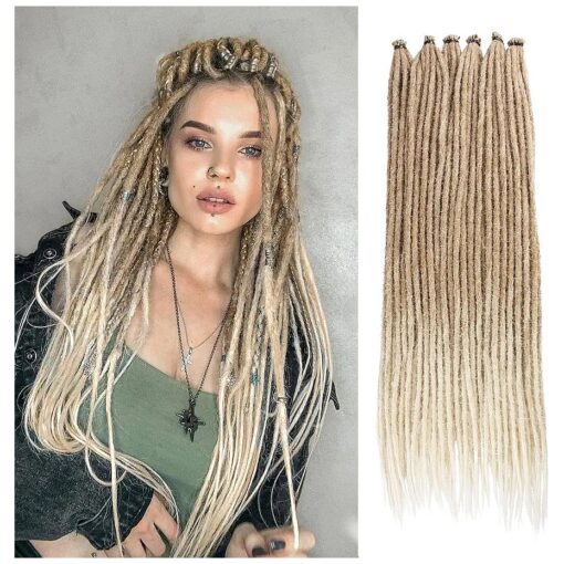 Leeven 24 Inch Synthetic Dreadlock Extensions 20 Strands Hippie Single Ended Dreads Ombre Blonde 0.6 cm Width Loc Extensions Reggae Style Crochet Hair for Women