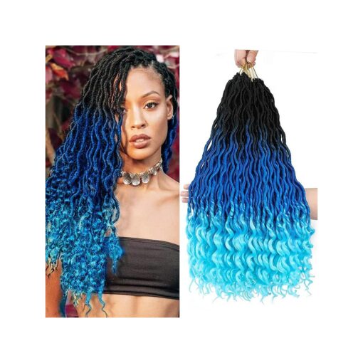 Ombre Blue Faux Locs Corchet Hair with Curly Ends 5Packs/Lot ( 90grams/Pack ) 20inch Pre Looped Goddess Locs Crochet Hair Synthetic Braiding Hair Extensions ( 1B/Blue/Light Blue )