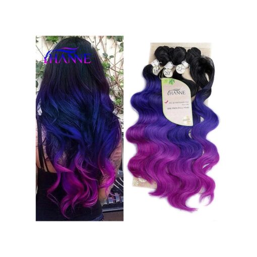 HANNE Ombre Color Synthetic Hair Bundles with Closure Body Wave Hair Extensions 18" 20" 22" with Closure Heat Resistant Colorful Synthetic Bundles Purple Hair Extensions ( Black & Blue & Purple )