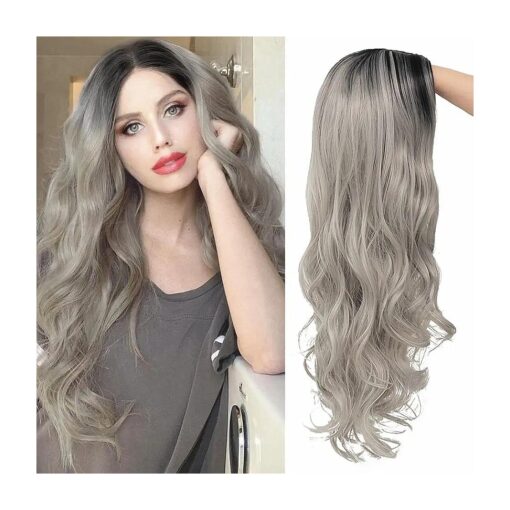 Swiking Ombre Grey Long Curly Wigs for Women Dark Roots Gray Wave Hair Wig Synthetic Party Cosplay Costume Wigs